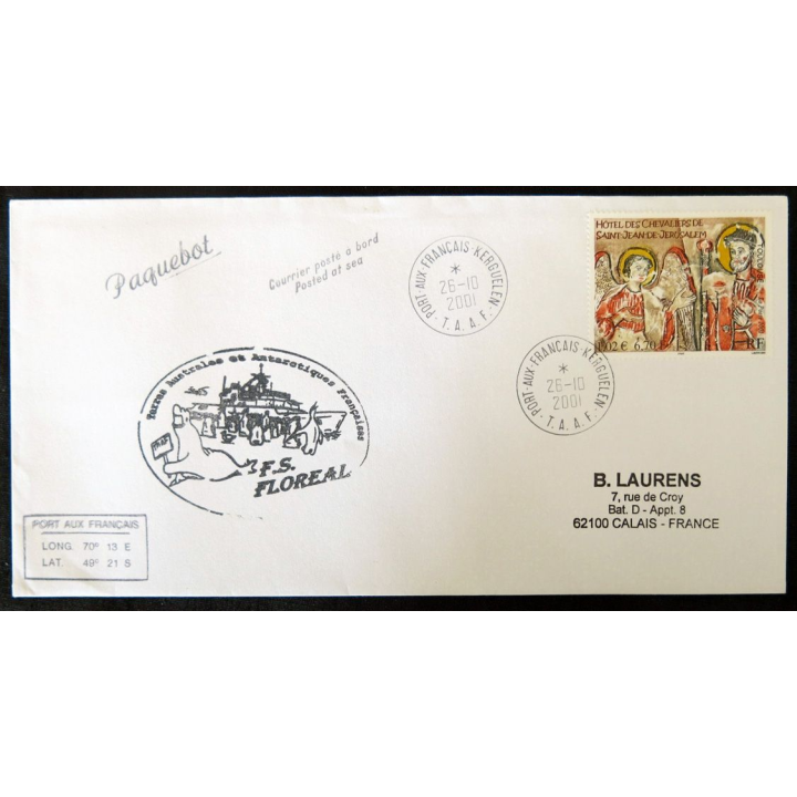 Enveloppe souvenir : TAAF Port aux français, frégate Floréal 26/10/2001
