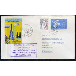 Enveloppe souvenir : Première liaison Lufthansa par Viscount 814 01/04/1962