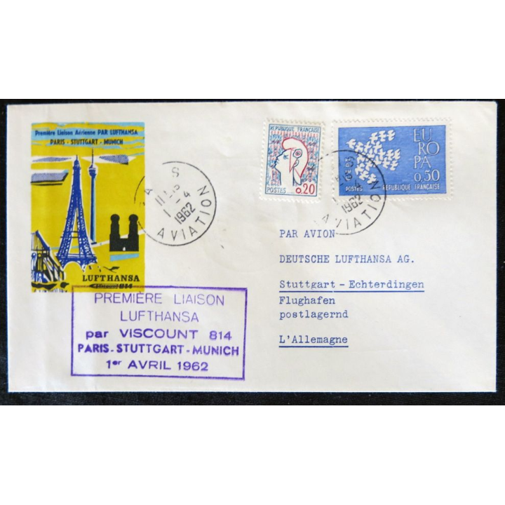 Enveloppe souvenir : Première liaison Lufthansa par Viscount 814 01/04/1962