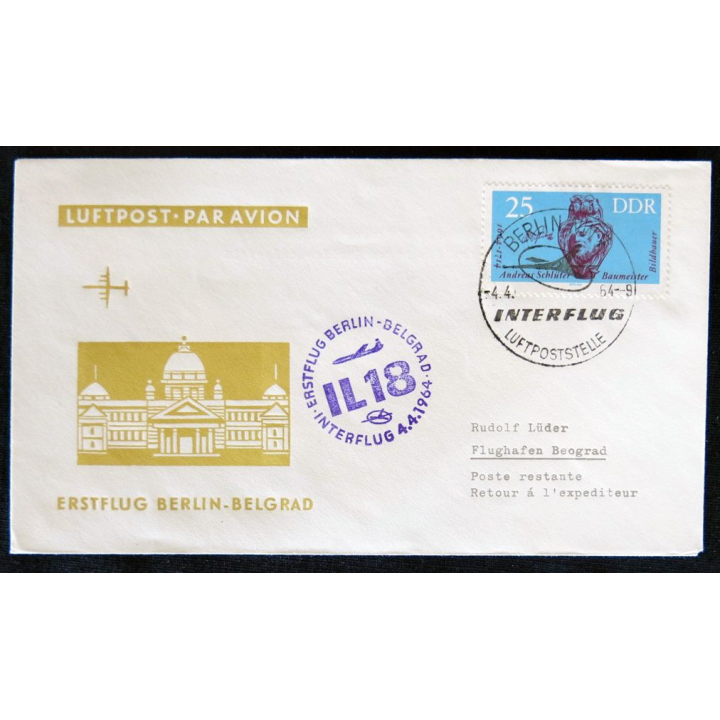 Enveloppe souvenir : Liaison Berlin - Belgrade Interflug 04/04/1964