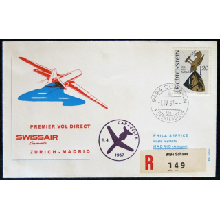 Enveloppe souvenir : Premier vol direct Zurich - Madrid par Caravelle 01/04/1967