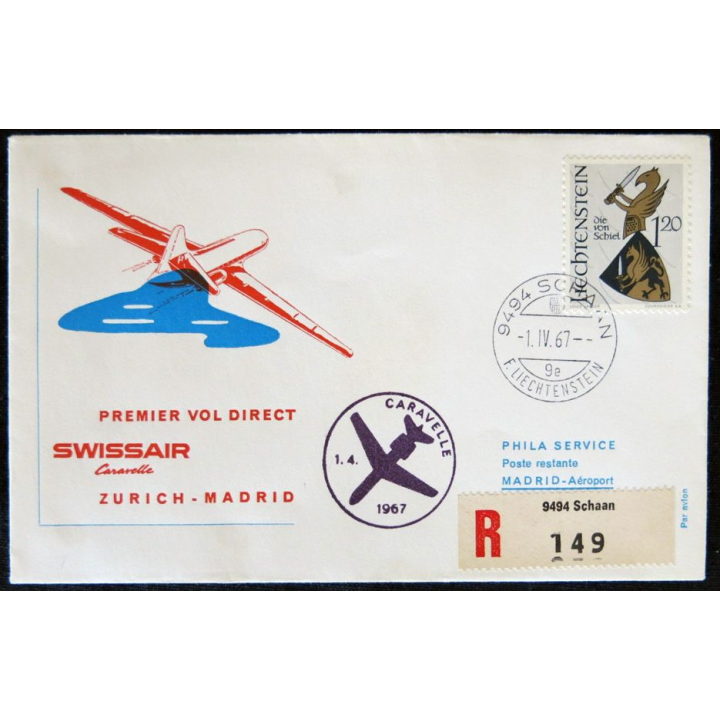 Enveloppe souvenir : Premier vol direct Zurich - Madrid par Caravelle 01/04/1967