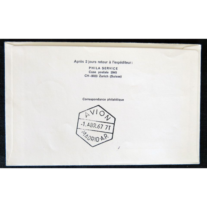 Enveloppe souvenir : Premier vol direct Zurich - Madrid par Caravelle 01/04/1967