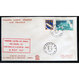 Enveloppe souvenir : Première liaison Air-France St Denis La Réunion - Paris 08/08/1967