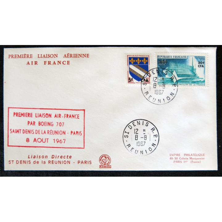 Enveloppe souvenir : Première liaison Air-France St Denis La Réunion - Paris 08/08/1967