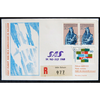 Enveloppe souvenir : Première liaison SAS Zurich - Dar es Salam 03/01/1968