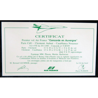 Certificat de vol : Premier vol Concorde Paris - Clermont Aulnat - Casablanca 20/05/1983 signature