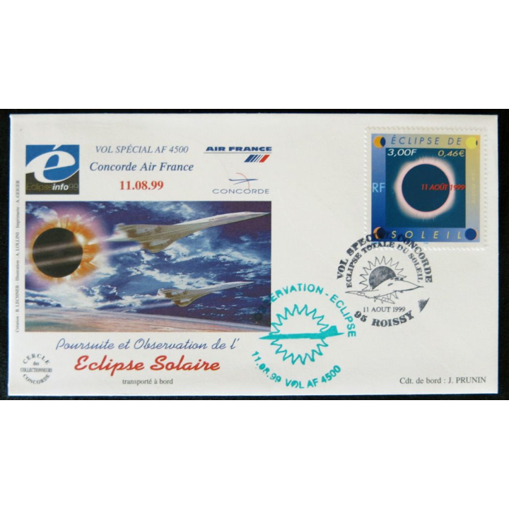 Enveloppe souvenir :  Concorde vol spécial poursuite et observation de l'éclipse solaire 11/08/1999