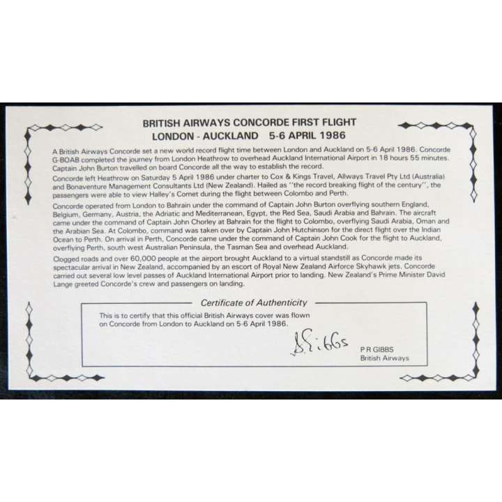 Certificat de vol :  Concorde Londres - Auckland  certifié  5&6/04/1986