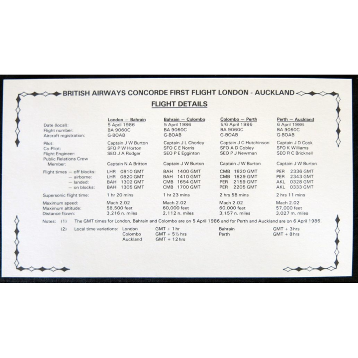 Certificat de vol :  Concorde Londres - Auckland  certifié  5&6/04/1986