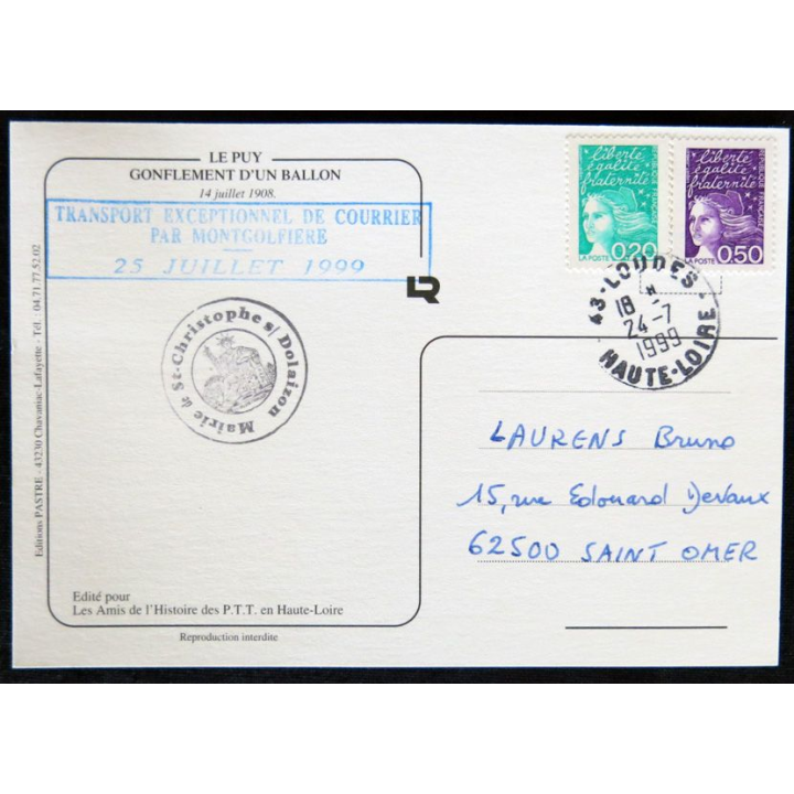 Carte souvenir : Le Puy avant la guerre carte cachet transport par montgolfière 25/07/1999