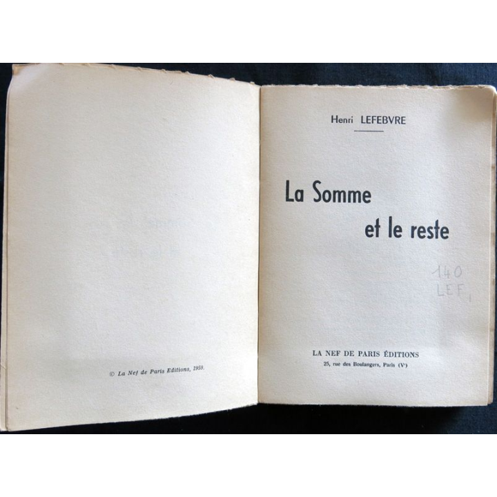 La somme et le reste de Henri Lefebvre aux Editions La Nef de Paris Editions