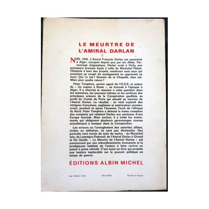 Le meurtre de l'amiral Darlan de Peter Tompkins aux éditions Albin Michel