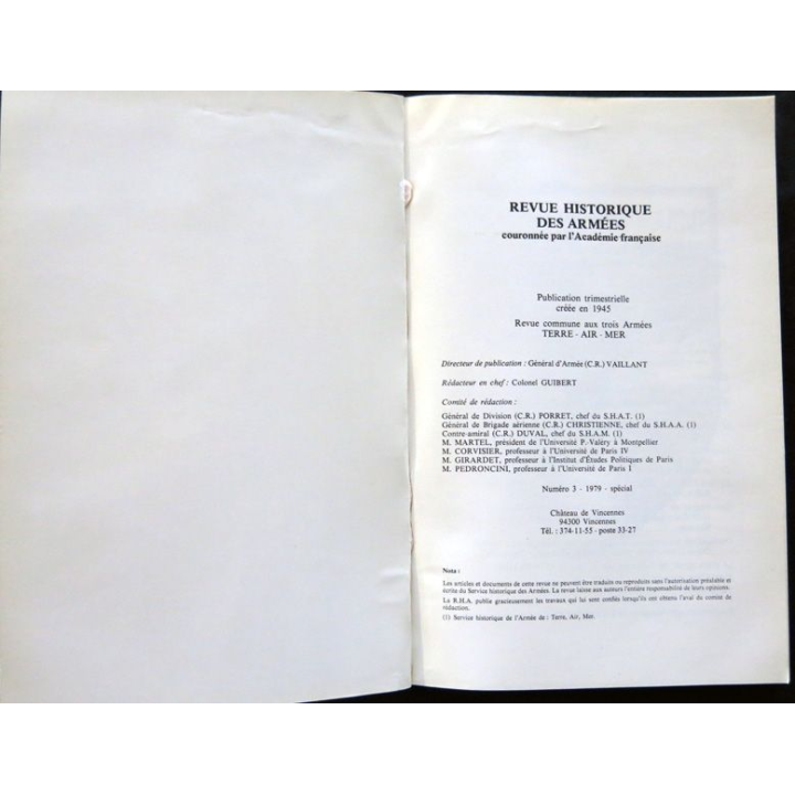 Revue Historique des Armées N° 3 (Spécial) - 1979