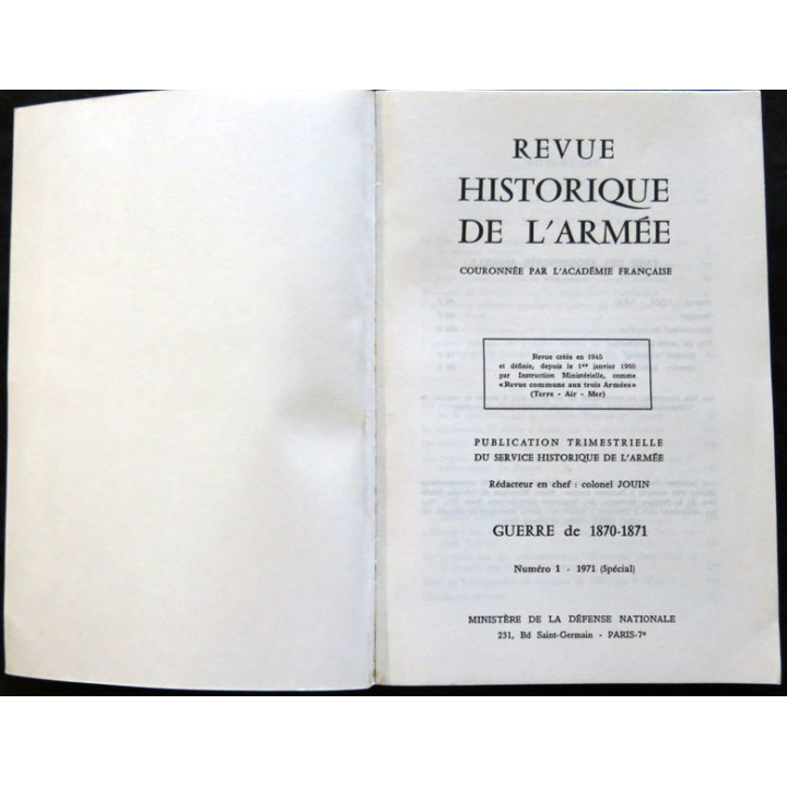 Revue Historique des Armées 27° Année - 1971 - N° 1 (Spécial)