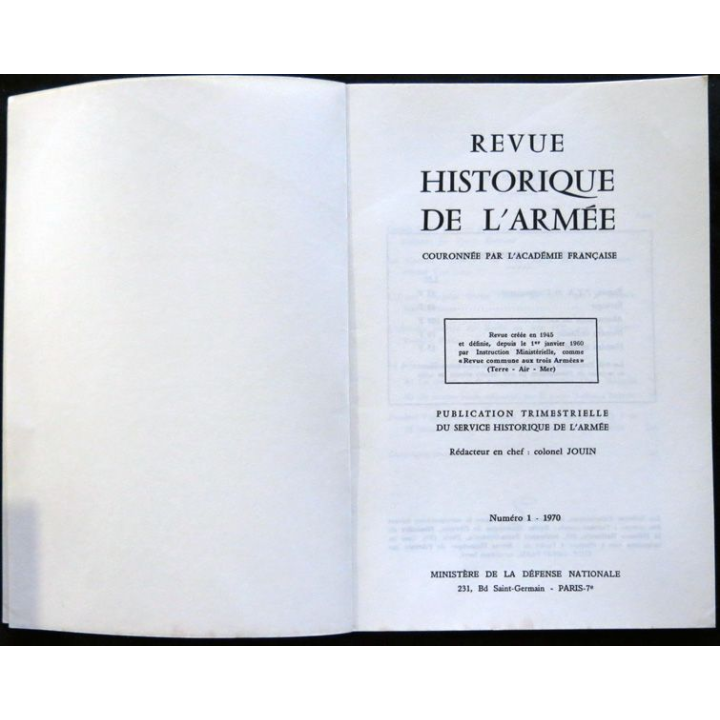 Revue Historique des Armées 26° Année - 1970 - N° 1