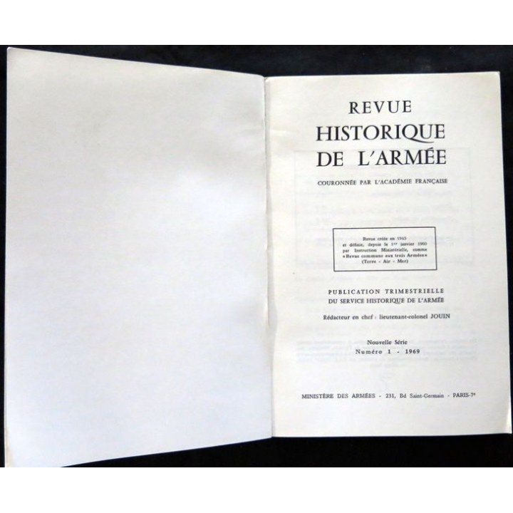 Revue Historique des Armées 25° Année - 1969 - N° 1