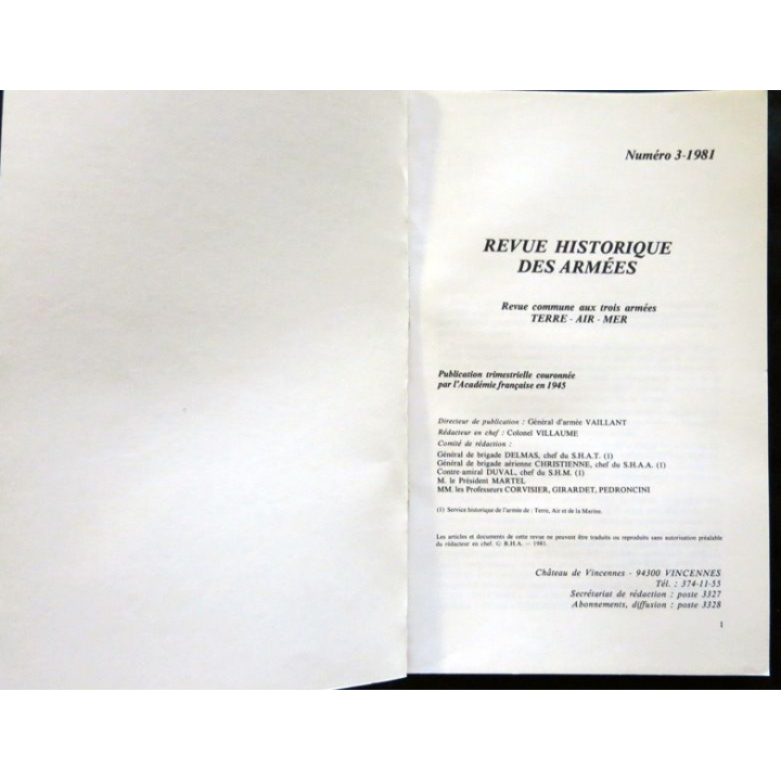 Revue Historique des Armées - 1981 - N° 3