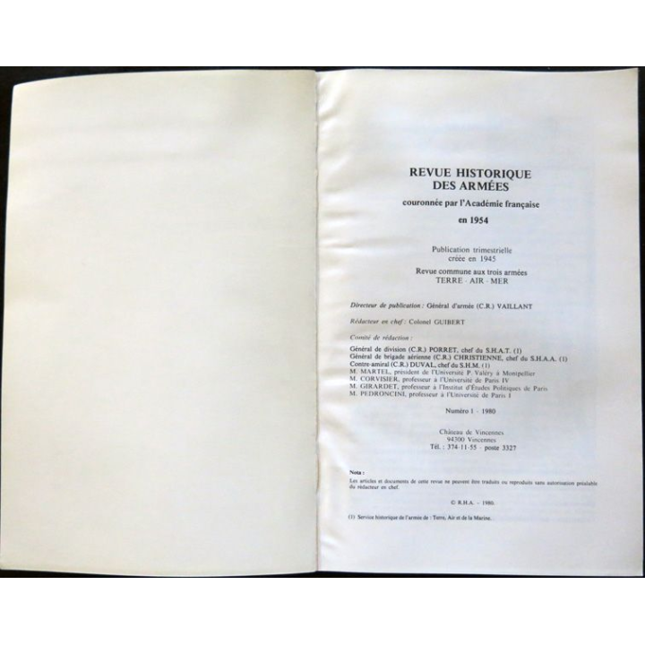 Revue Historique des Armées N° 1- 1980