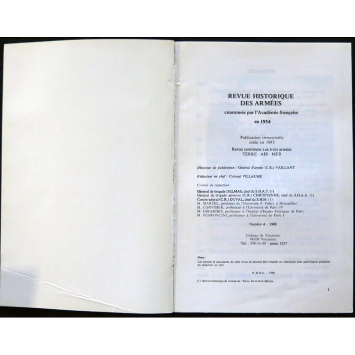 Revue Historique des Armées N° 4- 1980