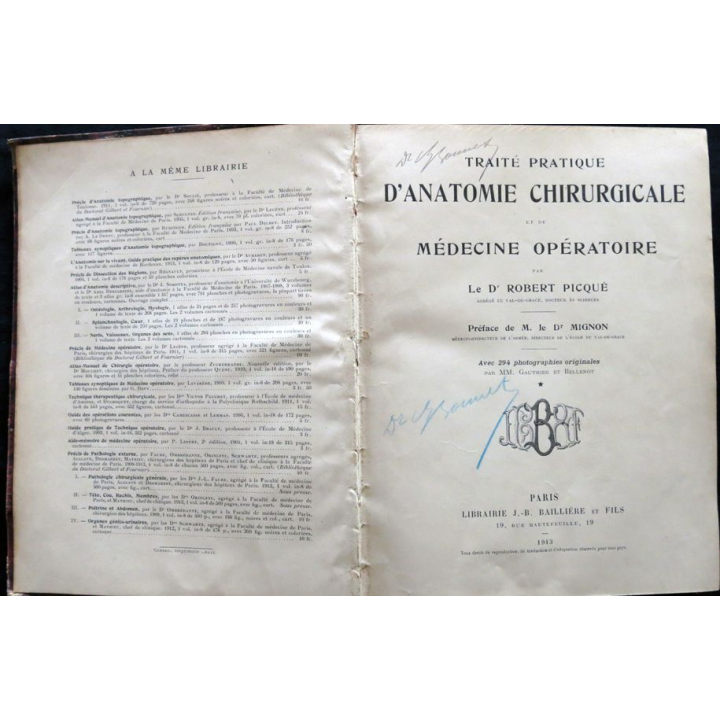 Traité pratique d'anatomie chirurgicale par  Dr Robert Picqué chez J.B Baillière & fils-1913