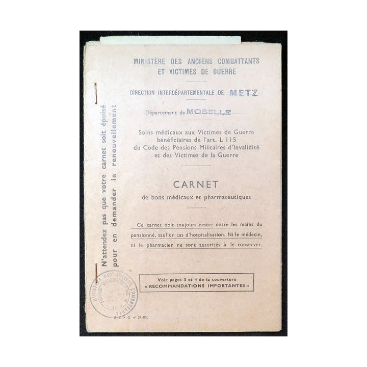 Carnet de bons médicaux et pharmaceutiques du MDL/C Pierre B.. Moselle