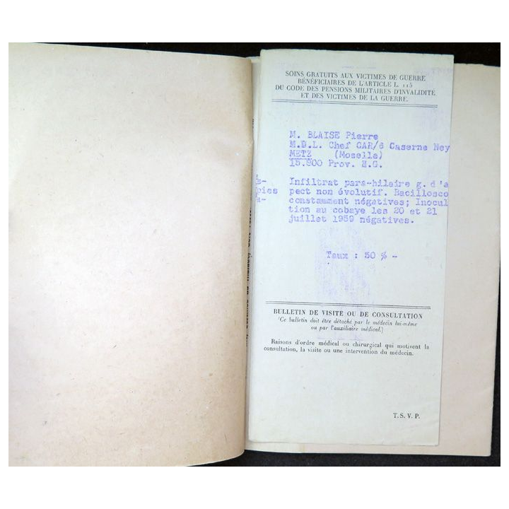 Carnet de bons médicaux et pharmaceutiques du MDL/C Pierre B.. Moselle