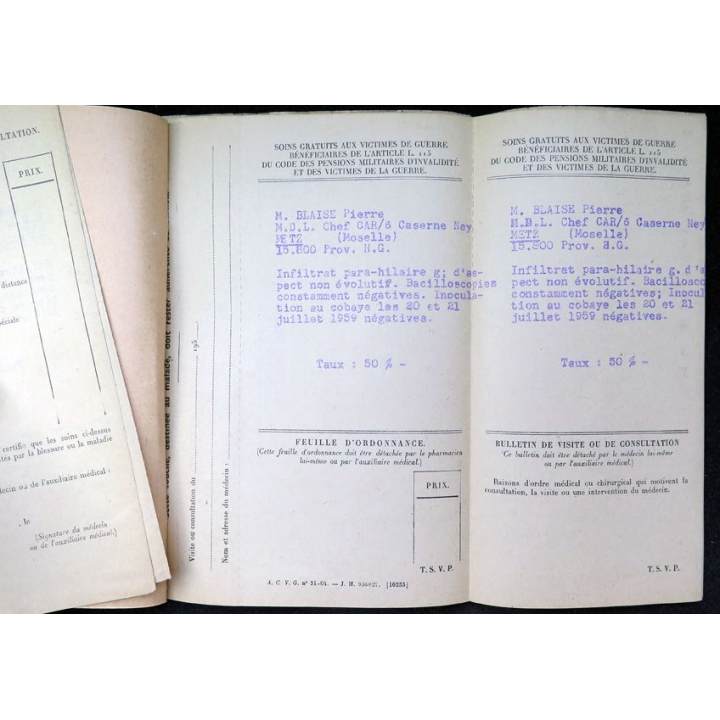 Carnet de bons médicaux et pharmaceutiques du MDL/C Pierre B.. Moselle