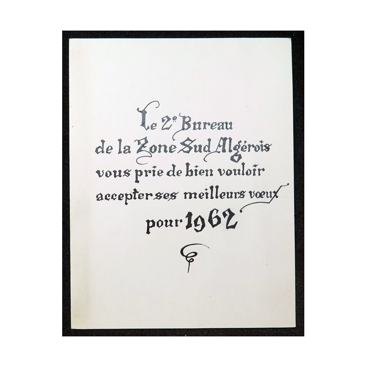 Carte de voeux manuscrite du 2° bureau de la Zone Sud Algérois 1962