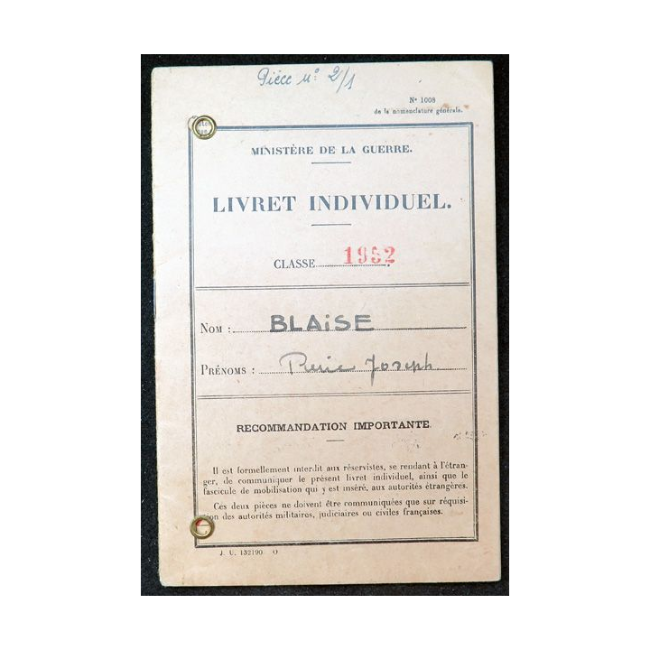 Livret individuel N° 1008 Classe 1952 de Pierre B.. 