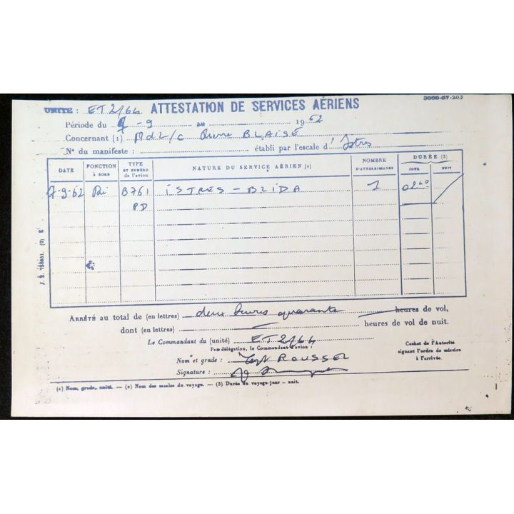 Attestation de services aériens de Pierre B.. 1962
