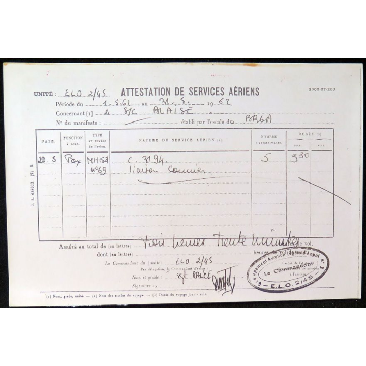 Attestation de services aériens de Pierre B.. 1962