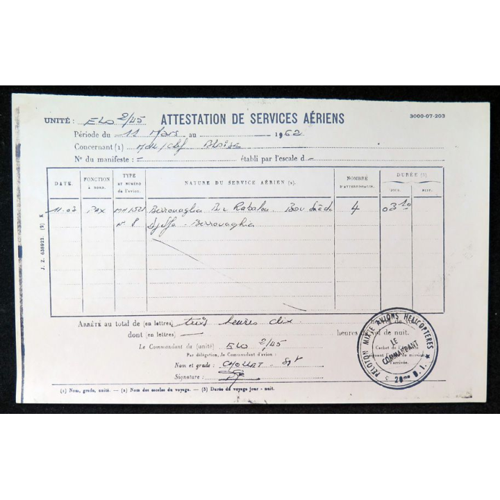 Attestation de services aériens de Pierre B.. 1962