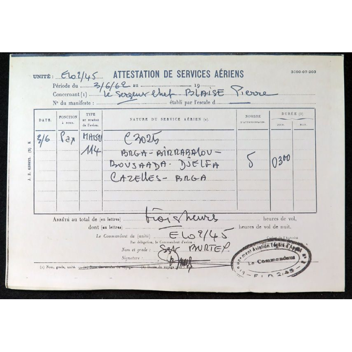 Attestation de services aériens de Pierre B.. 1962