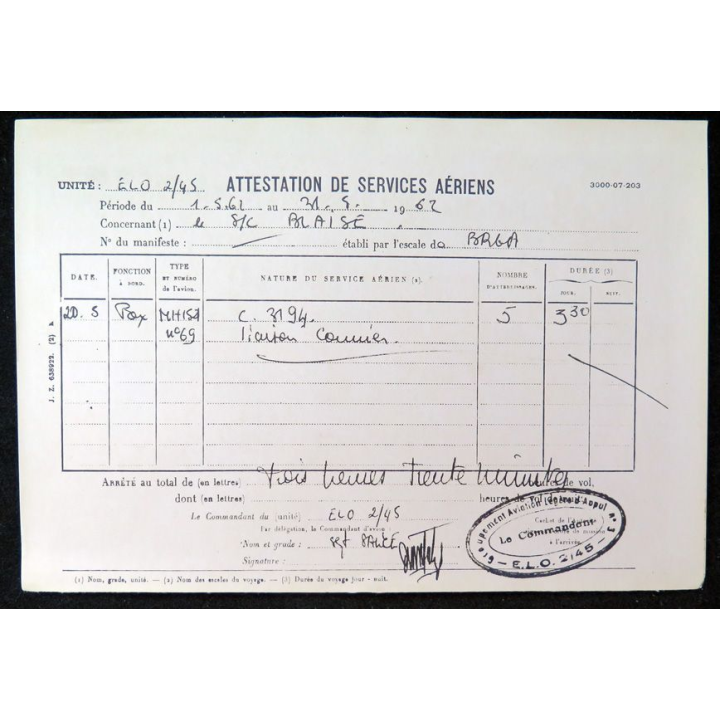 Attestation de services aériens de Pierre B.. 1962