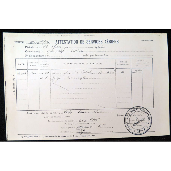 Attestation de services aériens de Pierre B.. 1962