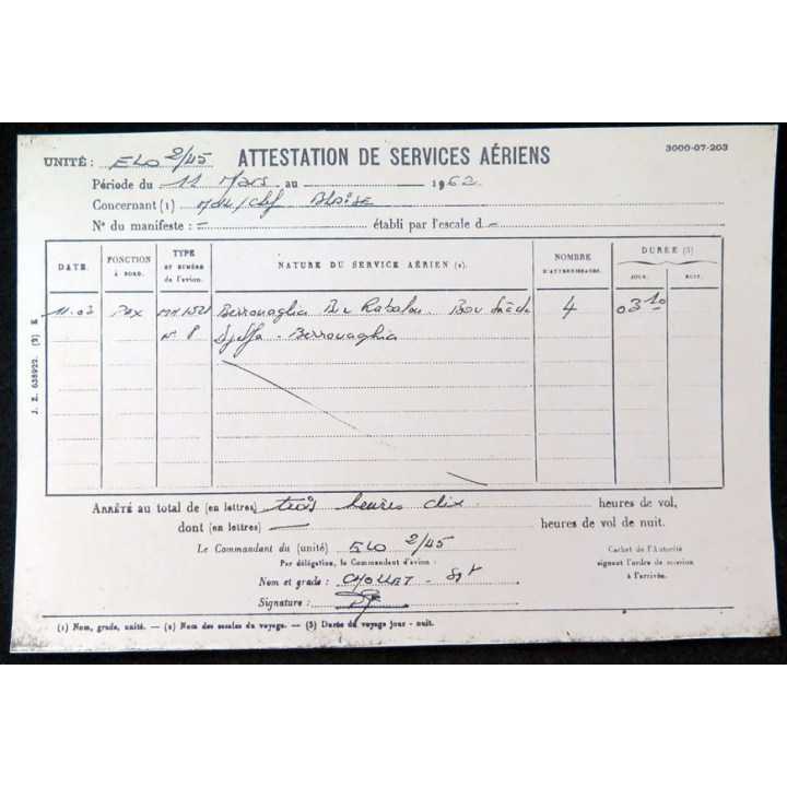 Attestation de services aériens de Pierre B.. 1962