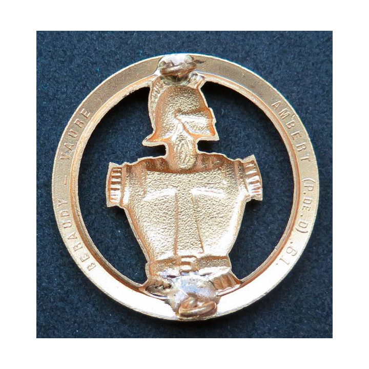 Insigne de béret des Transmissions Fabrication Bichet sur son support bleu clair