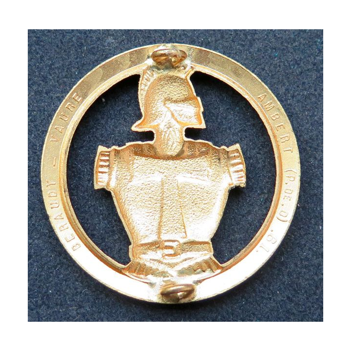 Insigne de béret des Transmissions Fabrication Bichet sur son support bleu clair