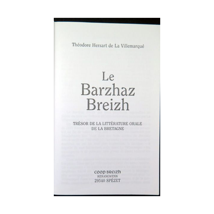 Le Barzhaz Breizh trésor de la littérature orale de la Bretagne T. hersart de la Villemarqué Coop Breizh
