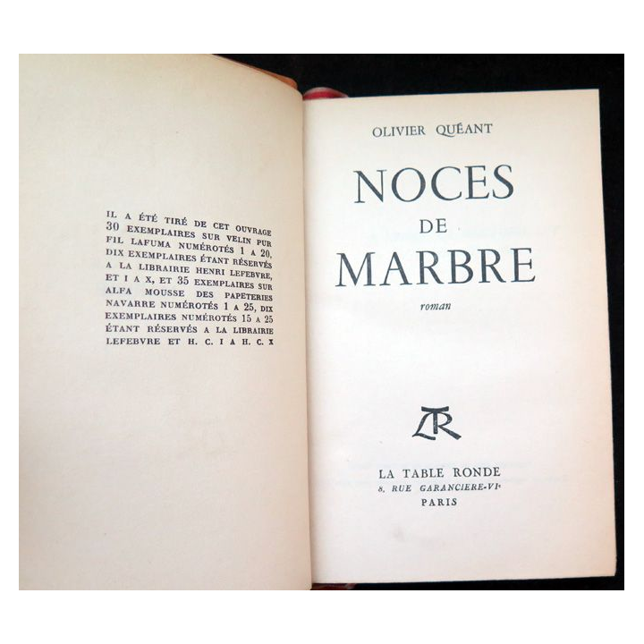 Noces de marbre par Olivier Quéant Ed. De la Table ronde 1955 demi cuir