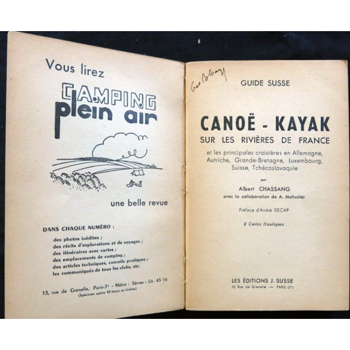 Guide Susse Canoë Kayak en France de A. Chassang aux éditions  J. Susse