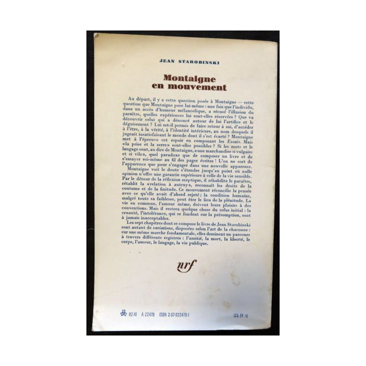 Montaigne en mouvement de Jean !starobinski aux éditions Gallimard