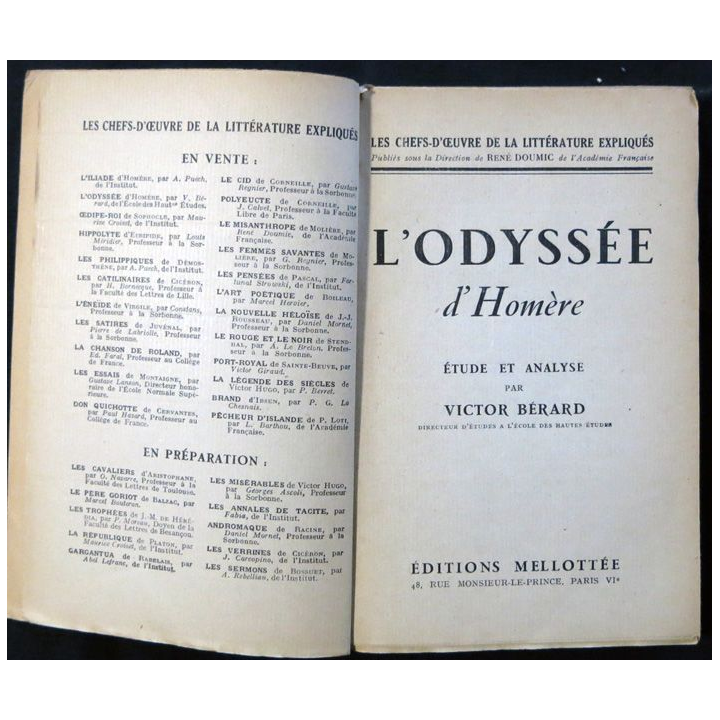 L'Odysée d'Homère Etude et analyse de Victor Bérard aux éditions Mellotée 1945