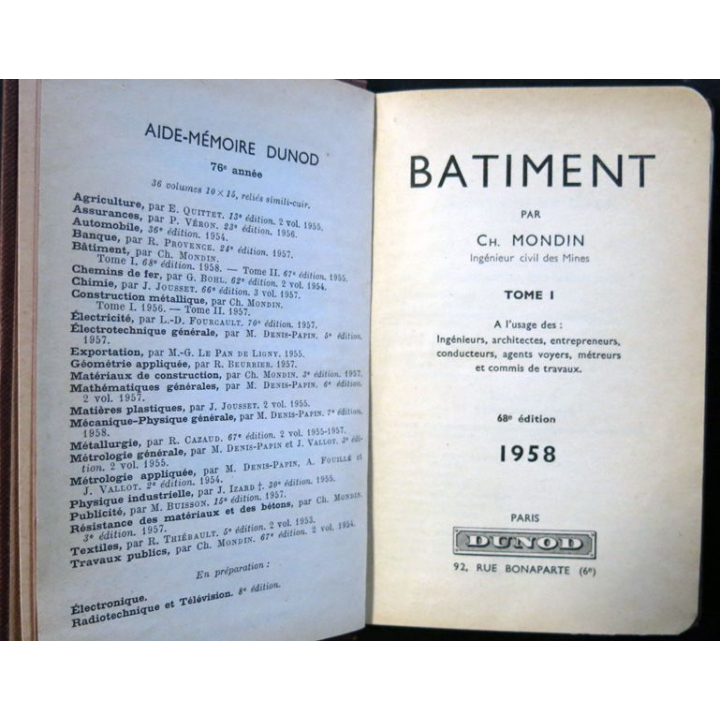 Aide-Mémoires Dunod : Bâtiment 1-1958 - 68° édition de Ch. Mondain aux éditions Dunod Editions