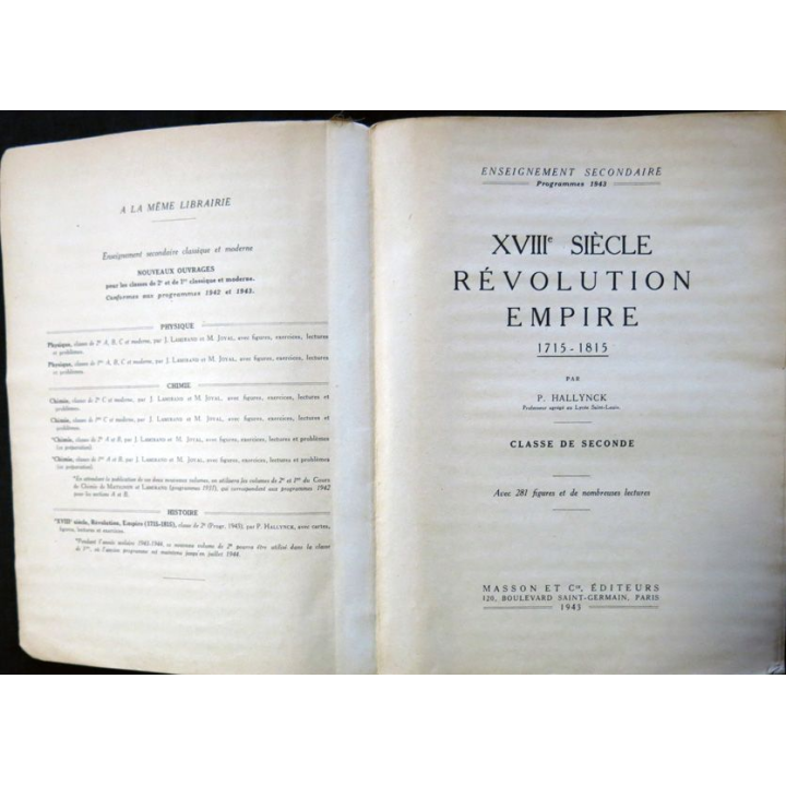 Nouveau cours d'histoire programme 1943 XVIII° siècle révolution empire 1715-1815 aux éditions Masson & Cie