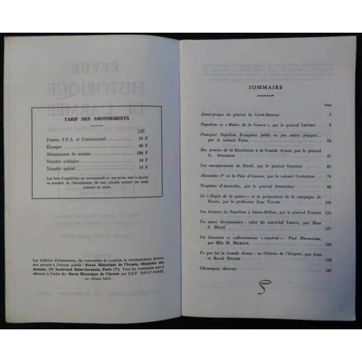 Revue Historique de l'Armée 25° Année - N° 3 - 1969 - Napoléon rédacteur Colonel Jouin aux éditions SHA
