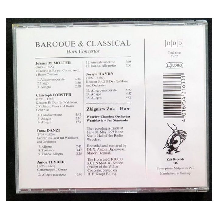DISQUE CD BAROQUE & CLASSICAL Horn Concertos Zbigniew Zuk