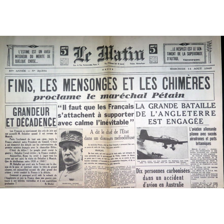 Journal le Matin du mercredi 14 août 1940