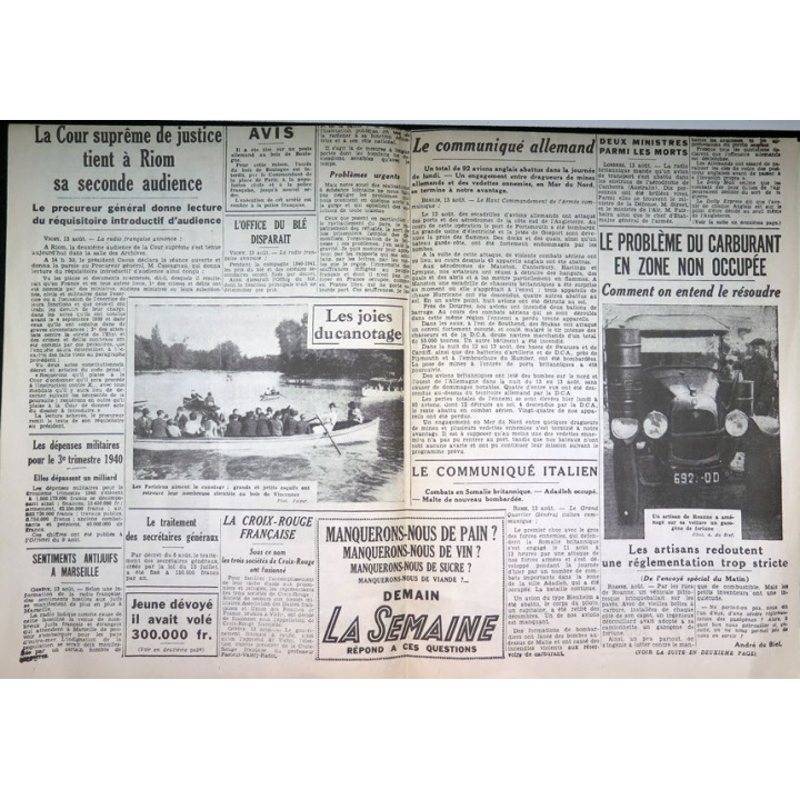 Journal le Matin du mercredi 14 août 1940